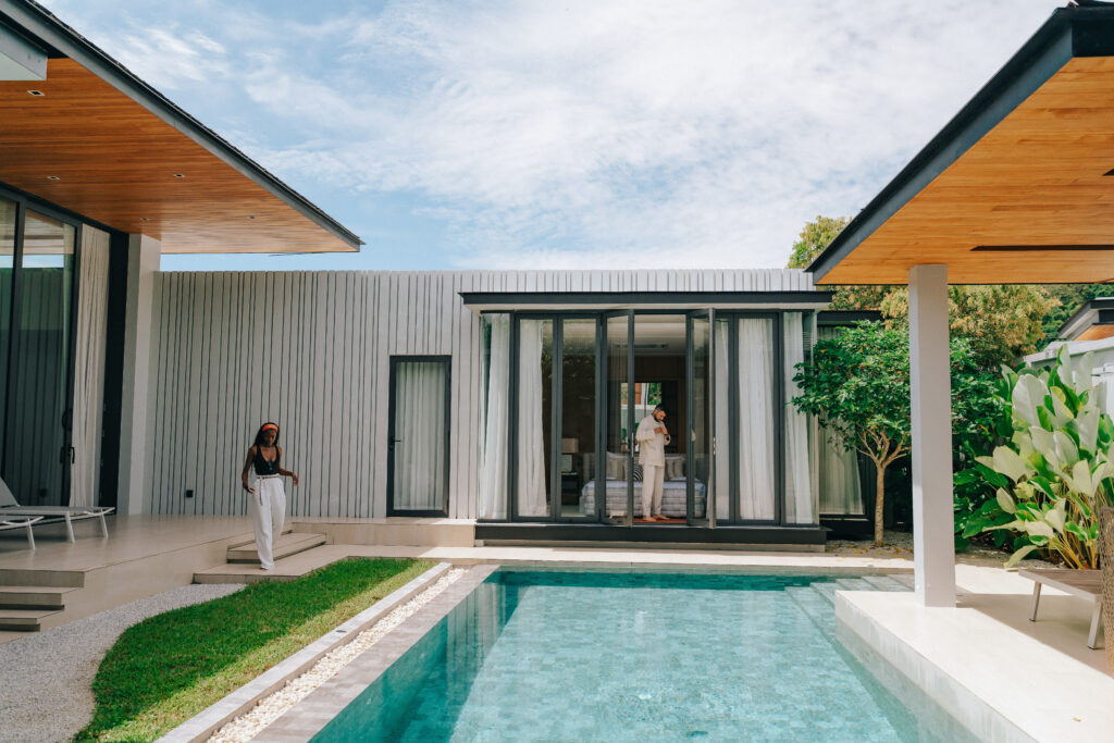 Couple enjoying a serene breakfast in a luxury villa, illustrating emotional storytelling in hospitality.